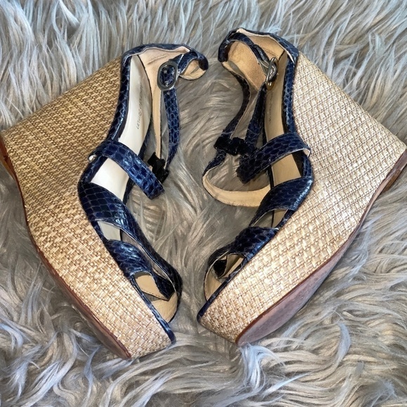 EUC Alexandre Birman Blue Snakeskin Strappy Platform Wedges Size 8.5 - Picture 3 of 12